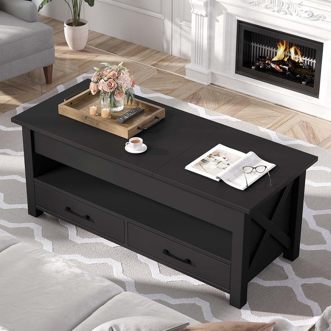 Garvee Coffee Table, 47.2" Lift Top Coffee Table with 2 Storage Drawers and Hidden Compartment, X Wood Farmhouse Support, Retro Center Table with Lift Tabletop for Living Room, Black