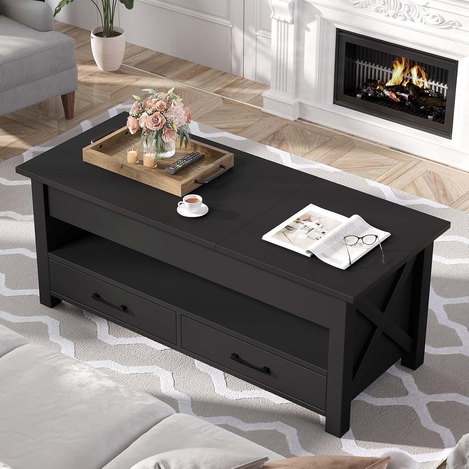 Garvee Coffee Table, 47.2" Lift Top Coffee Table with 2 Storage Drawers and Hidden Compartment, X Wood Farmhouse Support, Retro Center Table with Lift Tabletop for Living Room, Black