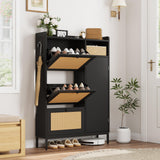 Garvee Rattan Shoe Storage Cabinet with 3 Flip Drawers, Freestanding Organizer with Adjustable Shelves for Entryway, Narrow Shoe Rack Cabinet for Hallway, Easy Assembly, Black - Black