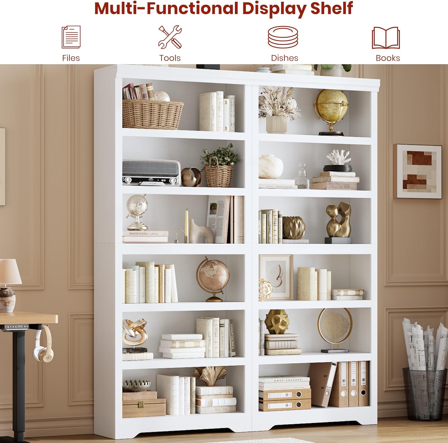 Garvee 6 Tier Bookshelf, 75" Tall Farmhouse Bookcase with Adjustable Shelves, 31.5" W Floor Standing Open Display Storage Rack with Anti-Slip Design for Home Office, Balcony, Library, Study / Living Room, White