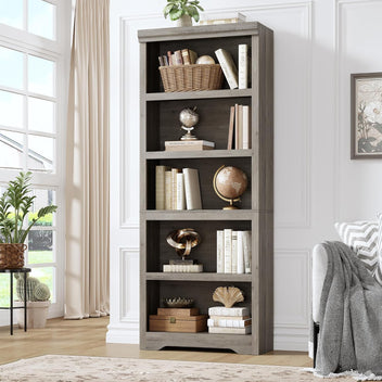 Garvee 5 Tier Bookshelf, 69" Tall Farmhouse Bookcase with Adjustable Shelves, 23.6" W Floor Standing Open Display Storage Rack with Anti-Slip Design for Home Office, Balcony, Library, Study / Living Room, Gray