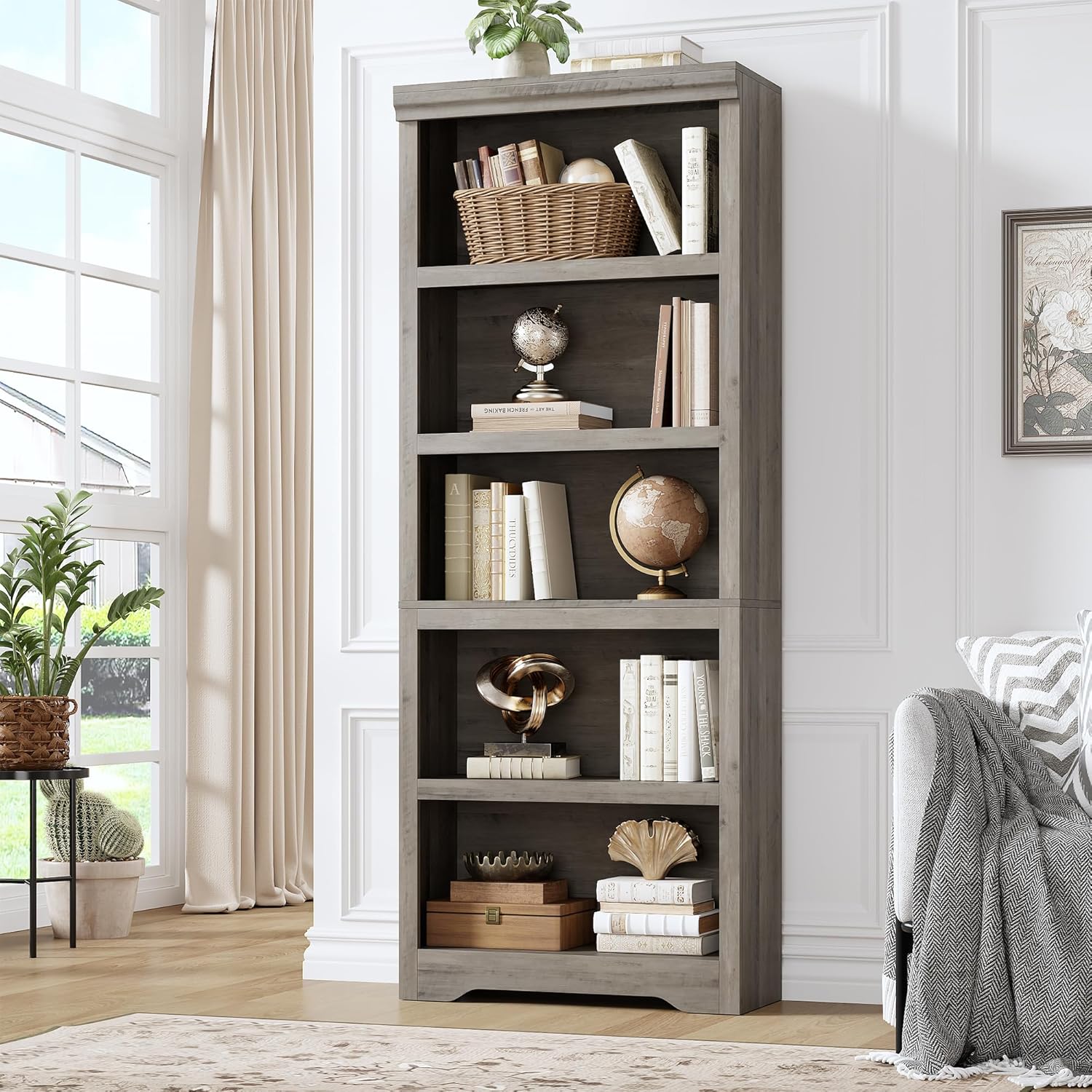 Garvee 5 Tier Bookshelf, 69" Tall Farmhouse Bookcase with Adjustable Shelves, 23.6" W Floor Standing Open Display Storage Rack with Anti-Slip Design for Home Office, Balcony, Library, Study / Living Room, Gray