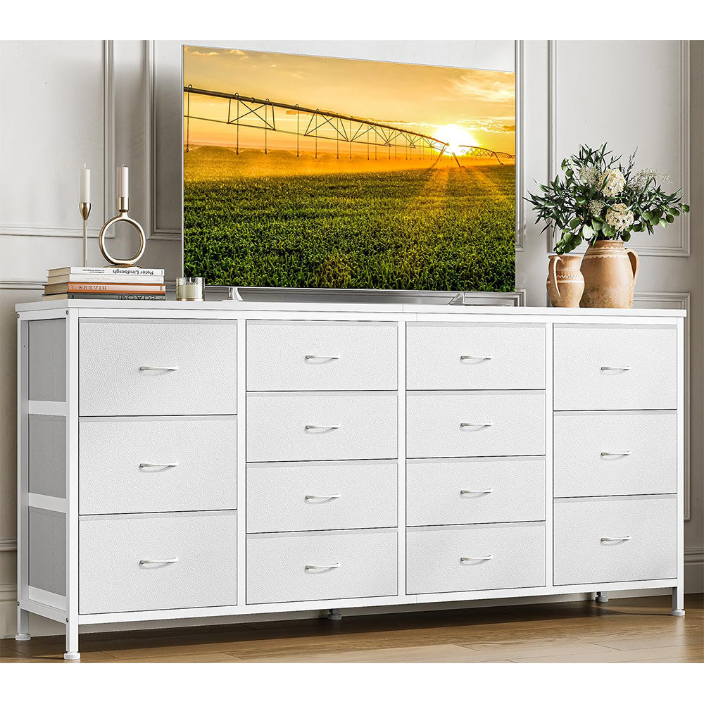 Garvee 63" W White Dresser TV Stand for 65 70 75 Inch TV, 14 Drawer for Bedroom with Power Outlets, Large Long Fabric Dresser Entertainment Center