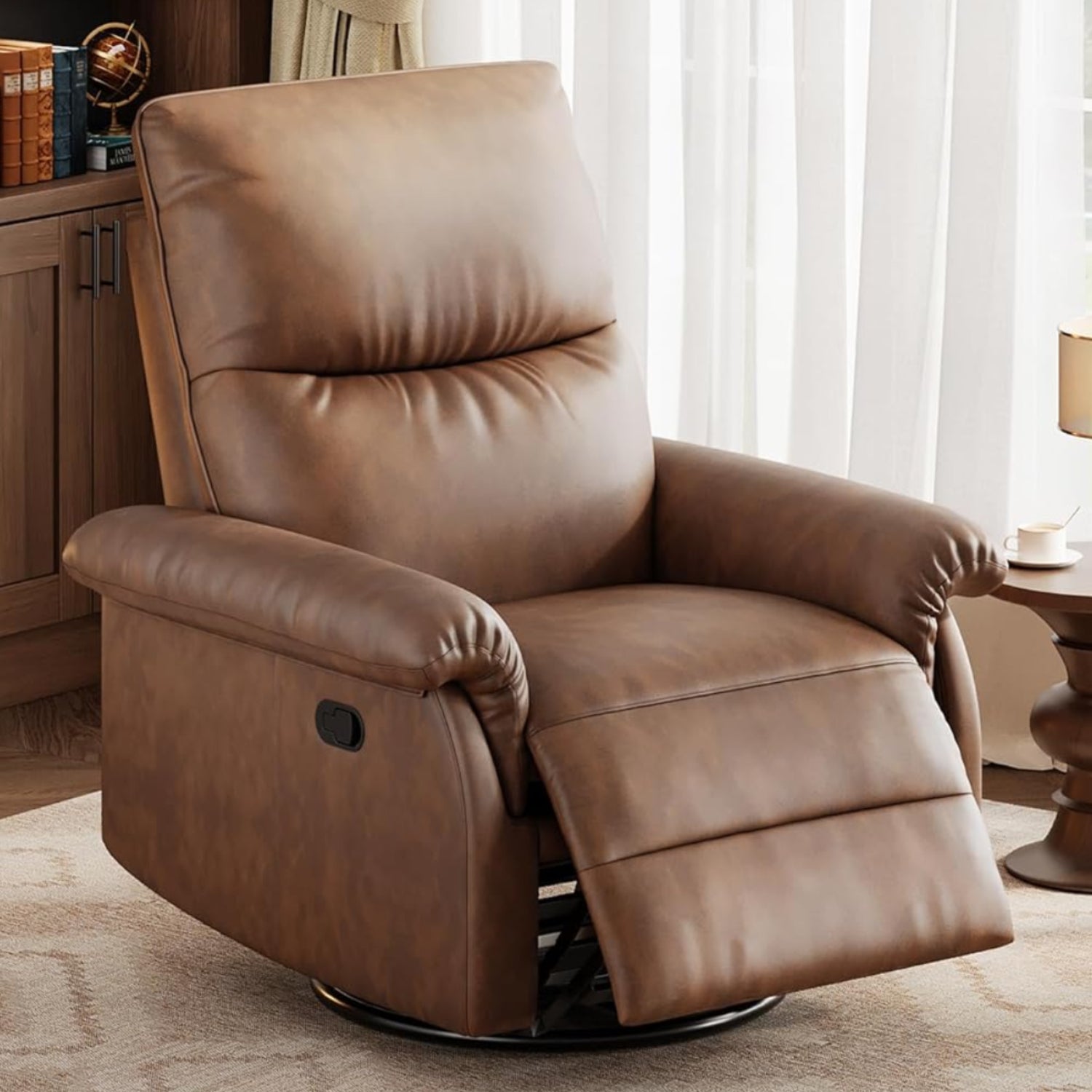 Garvee Swivel Rocking Recliner Chair, Manual PU Leather Recliner Glider with Lumbar Support and Padded Armrest, Comfortable Rocker Nursery Single Sofa for Living Room and Bedroom, Brown