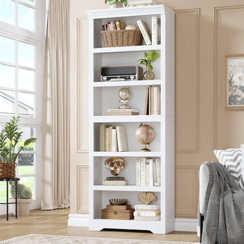 Garvee 6 Tier Bookshelf, 75" Tall Farmhouse Bookcase with Adjustable Shelves, 23.6" W Floor Standing Open Display Storage Rack with Anti-Slip Design for Home Office, Balcony, Library, Study / Living Room, White