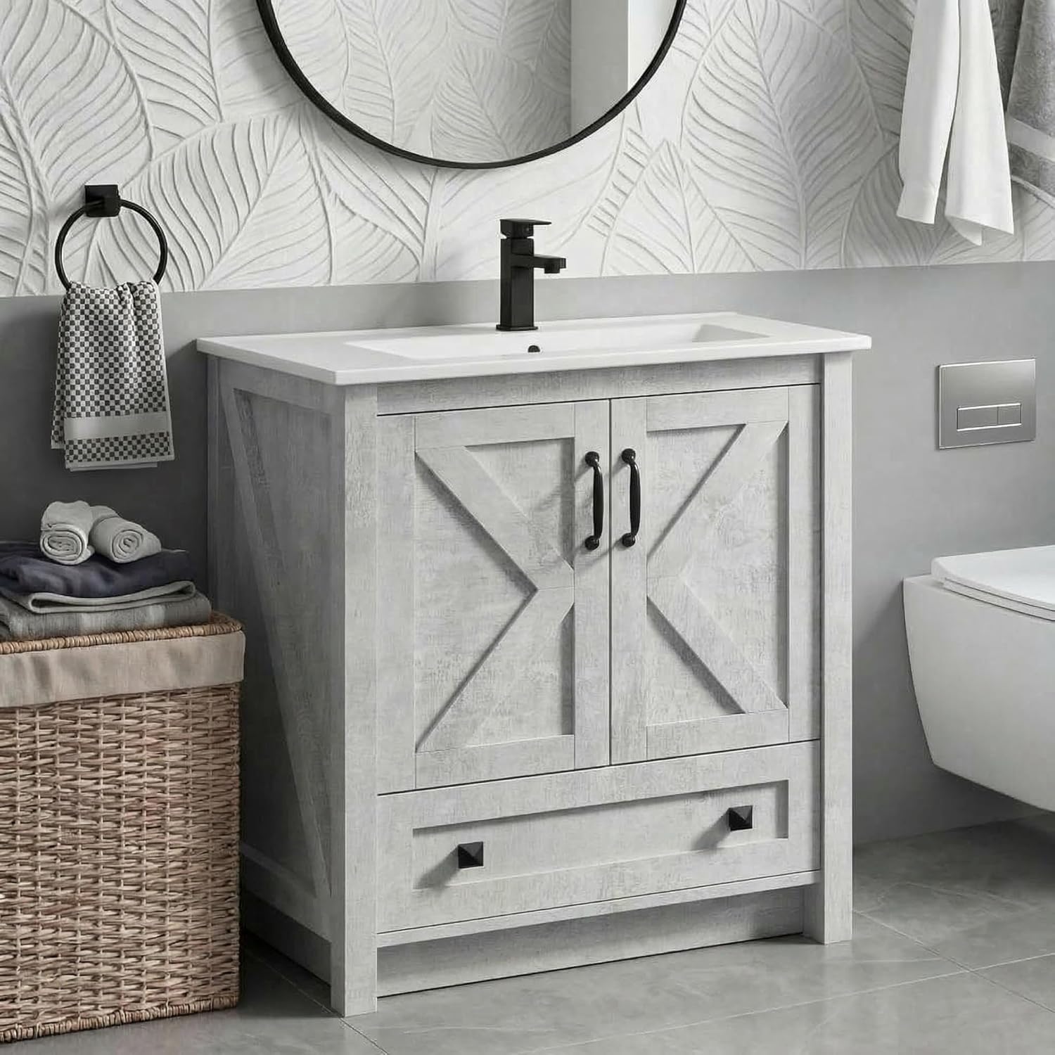 Garvee Modern 30" Freestanding Bathroom Vanity with with 2 Doors and Storage Drawer for Bathroom, Grey