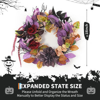 Garvee 18 Inch Halloween Wreath, Halloween Garland with Artificial Roses & Spiders, Indoor Outdoor Holiday Accent Decoration for Front Door Porch Wall Home Party Window, Red & Purple
