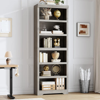 Garvee 6 Tier Bookshelf, 75" Tall Farmhouse Bookcase with Adjustable Shelves, 23.6" W Floor Standing Open Display Storage Rack with Anti-Slip Design for Home Office, Balcony, Library, Study / Living Room, Gray