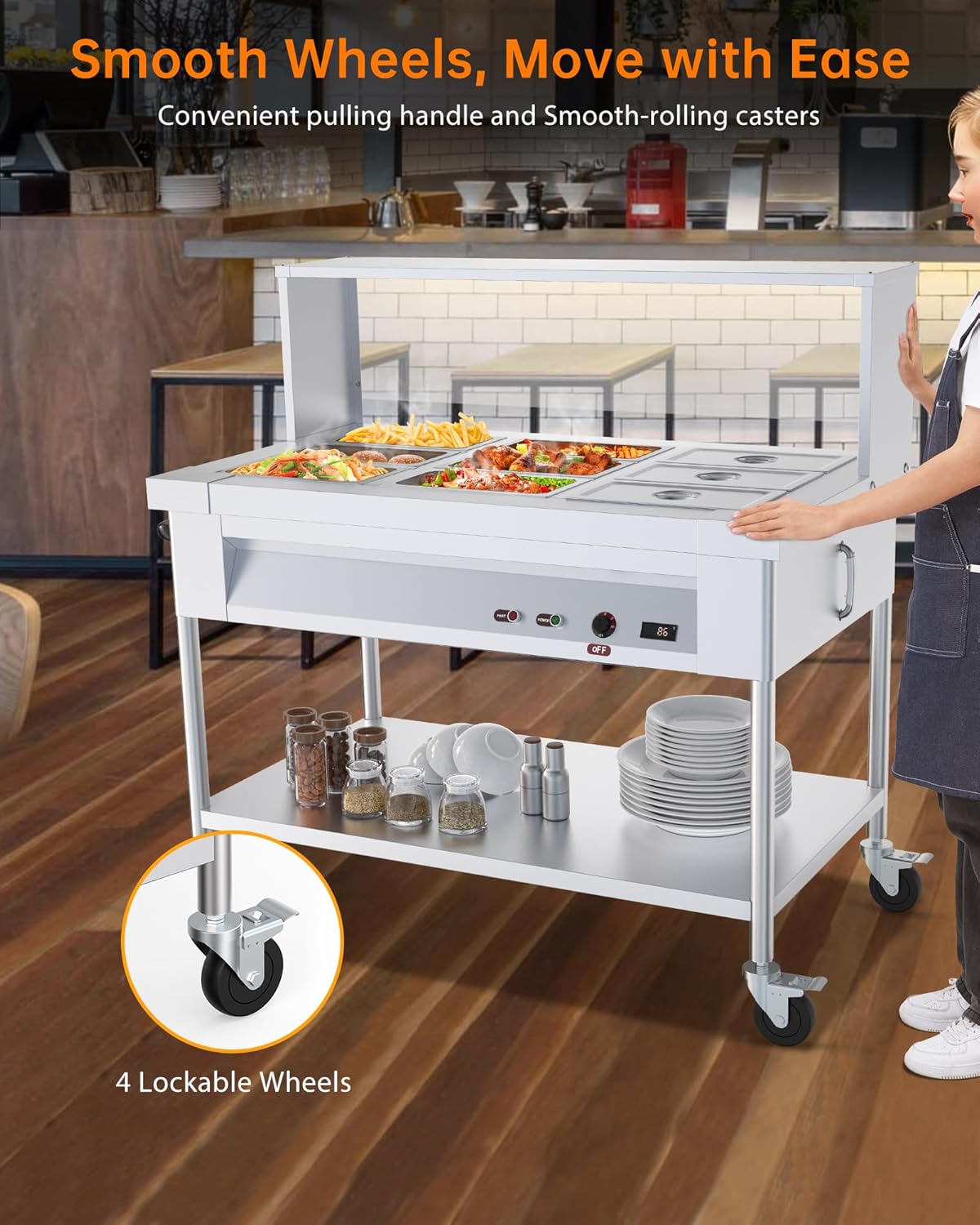 Garvee 72QT Commercial Food Warmer 9x8QT Electric Steam Table with Acrylic Shield Stainless Steel Bain Marie Countertop Lockable Wheels for Restaurants Buffets Party 1500W 110V