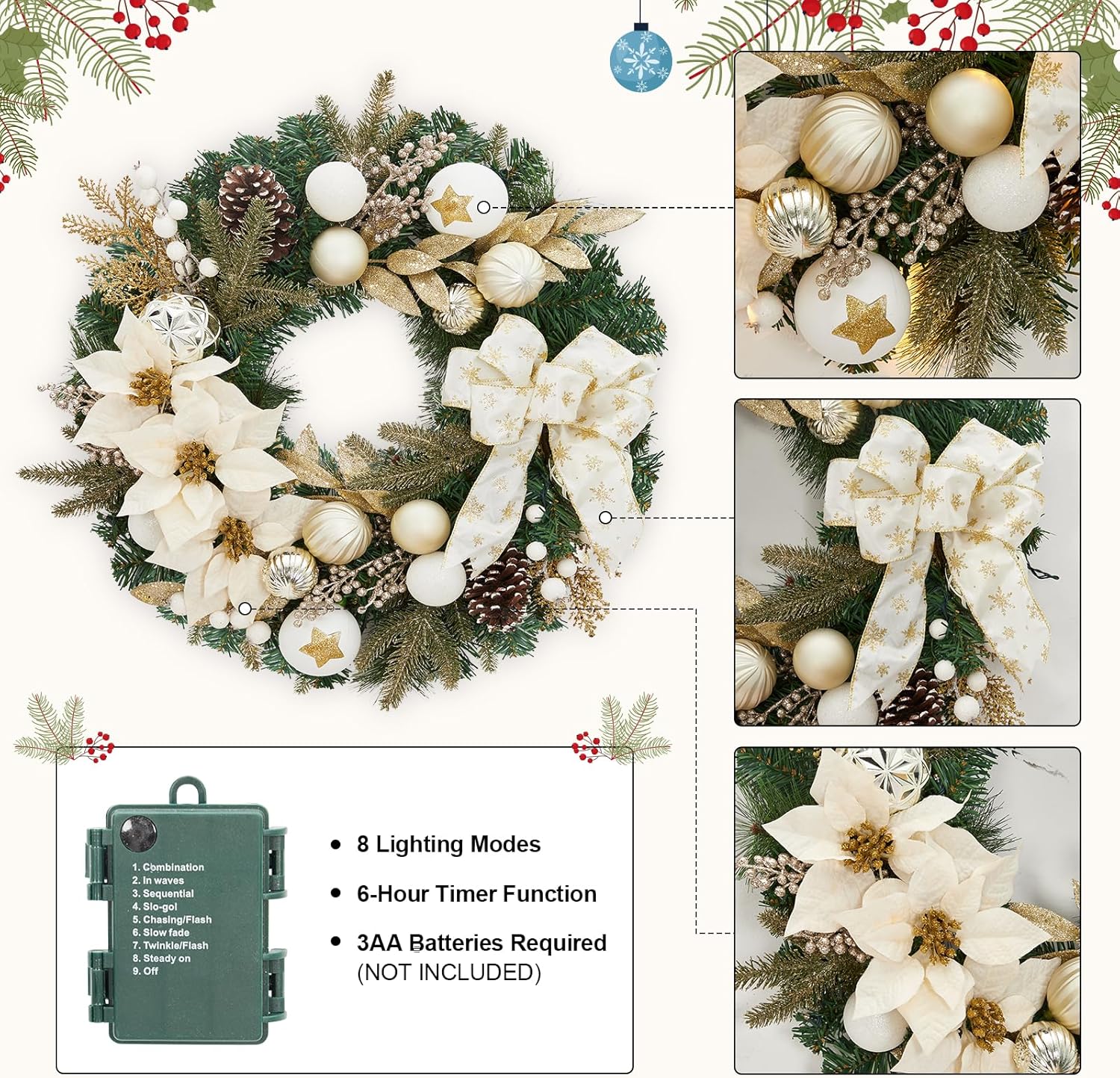 Garvee Pre-Lit Christmas Wreath for Front Door, 24 Inch Large Lighted Wreath with Xmas Balls, Artificial Flower & Bow, Battery Operated Christmas Wreath for Fireplace Window Wall Decor, Champagne