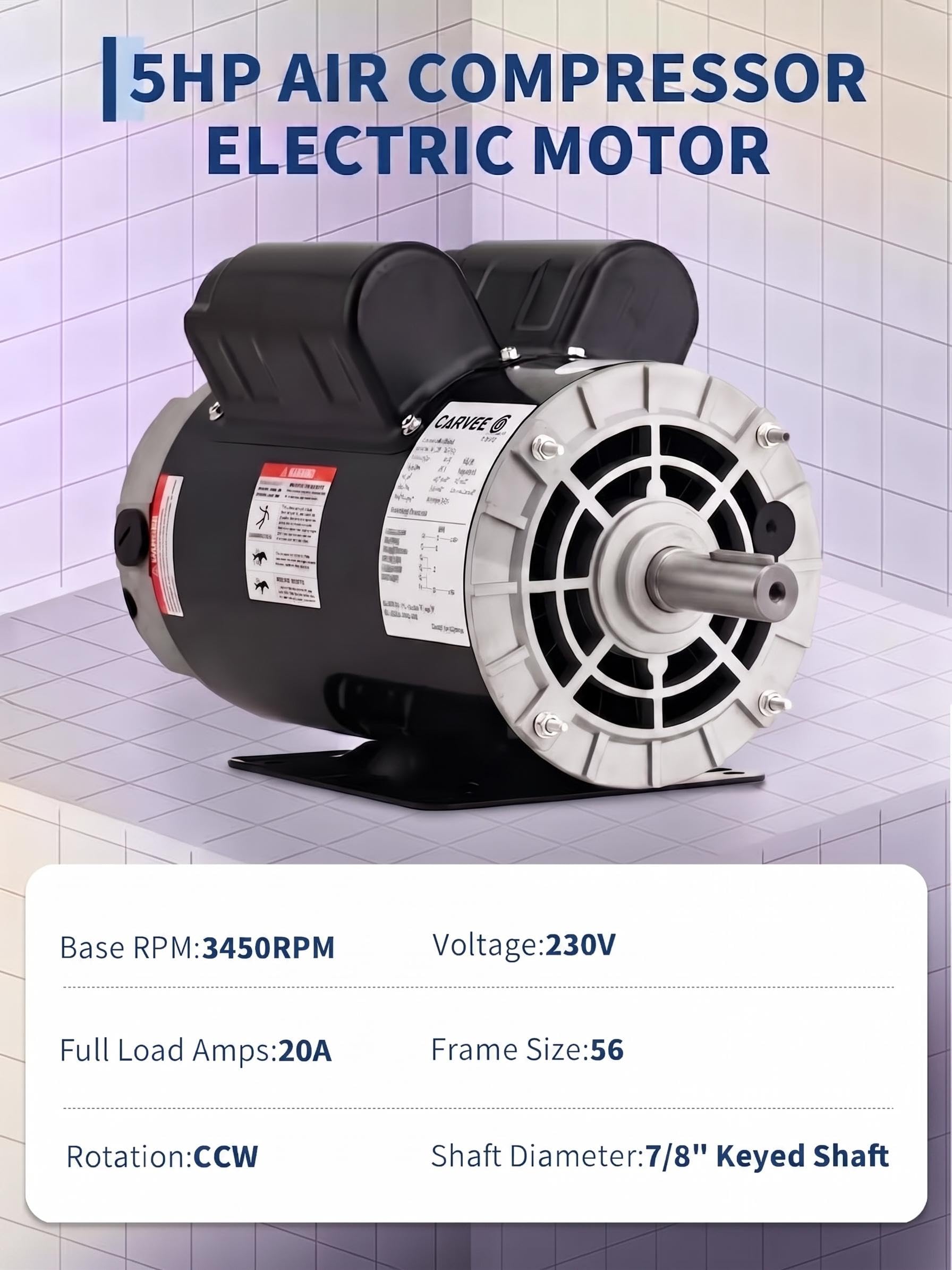 Garvee 5HP SPL Air Compressor Electric Motor - 230V, 56 Frame, 3450 RPM, 7/8" Keyed Shaft, 60 Hz, Ultra-Quiet, Dual CW/CCW Rotation