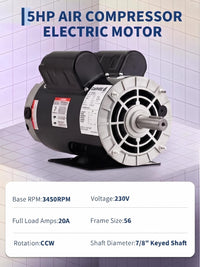 Garvee 5HP SPL Air Compressor Electric Motor - 230V, 56 Frame, 3450 RPM, 7/8" Keyed Shaft, 60 Hz, Ultra-Quiet, Dual CW/CCW Rotation