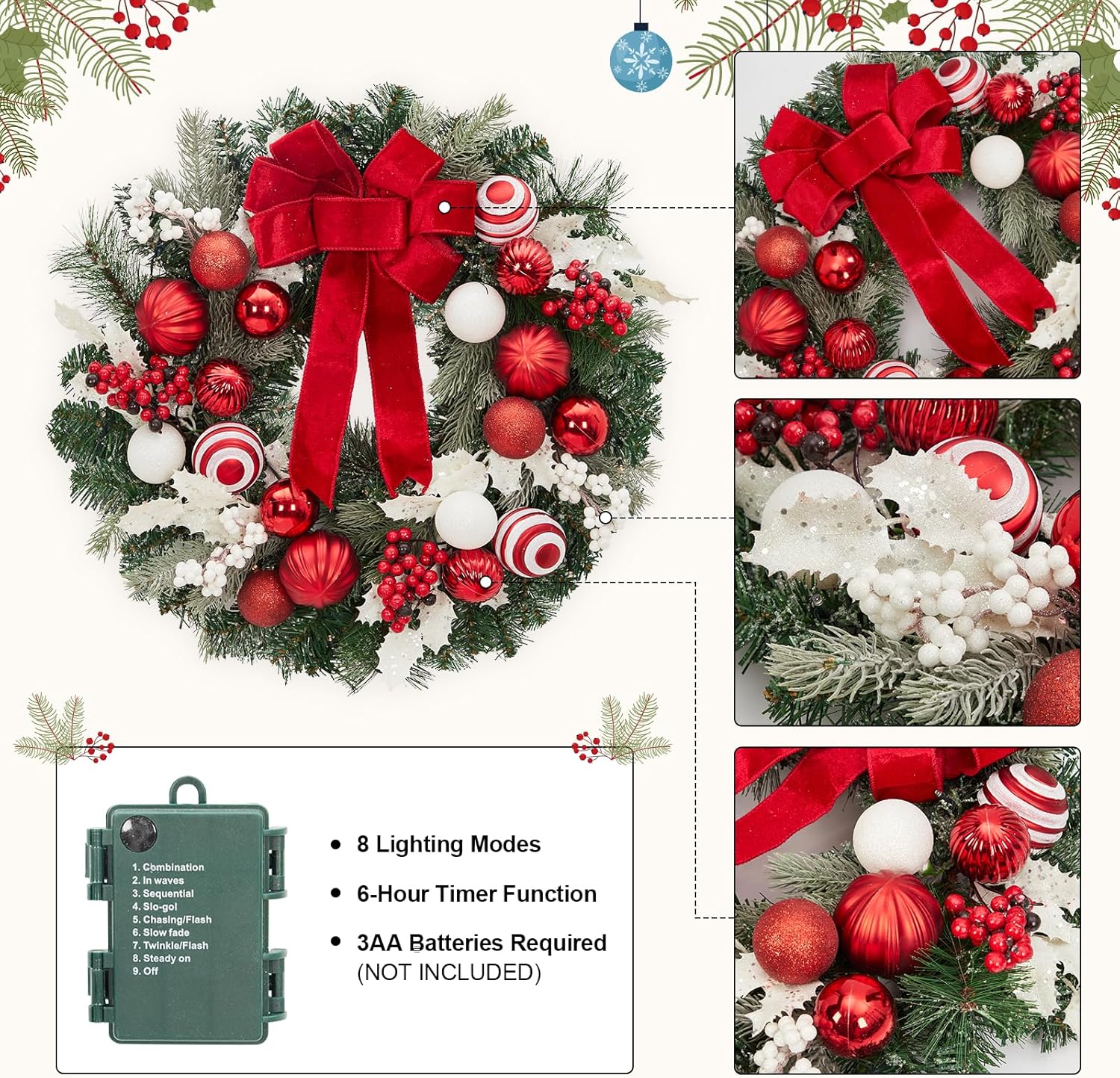 Garvee Pre-Lit Christmas Wreath for Front Door, 24 Inch Large Lighted Wreath with Xmas Balls, Red Bow & Berries, Battery Operated Christmas Wreath for Fireplace Window Wall Xmas Decoration, Red