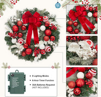 Garvee Pre-Lit Christmas Wreath for Front Door, 24 Inch Large Lighted Wreath with Xmas Balls, Red Bow & Berries, Battery Operated Christmas Wreath for Fireplace Window Wall Xmas Decoration, Red