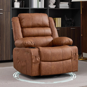 Garvee Rocking Recliner Chair for Adults, Oversized 360° Swivel Rocker Recliner with Cup Holder, Nursery Glider with Upholstered Deep Seat PU Leather Comfy Single Sofa for Living Room, Brown