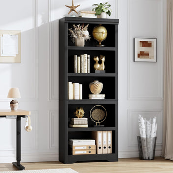 Garvee 5 Tier Bookshelf, 69" Tall Farmhouse Bookcase with Adjustable Shelves, 23.6" W Floor Standing Open Display Storage Rack with Anti-Slip Design for Home Office, Balcony, Library, Study / Living Room, Black
