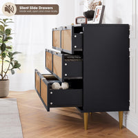 Garvee 6 Drawer Rattan Dresser with Deep Drawers and Wide Top, Natural Wood, Metal Legs, Reinforced Frame, for Bedroom and Living Room, Black