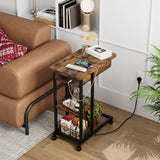 Garvee C Shaped End Table with Charging Station, Flip Top Sofa Side Table with USB Ports and Outlets for Living Room & Bedroom, Narrow End Table with 3 Tier Storage Shelf - Rustic Brown - Rustic Brown