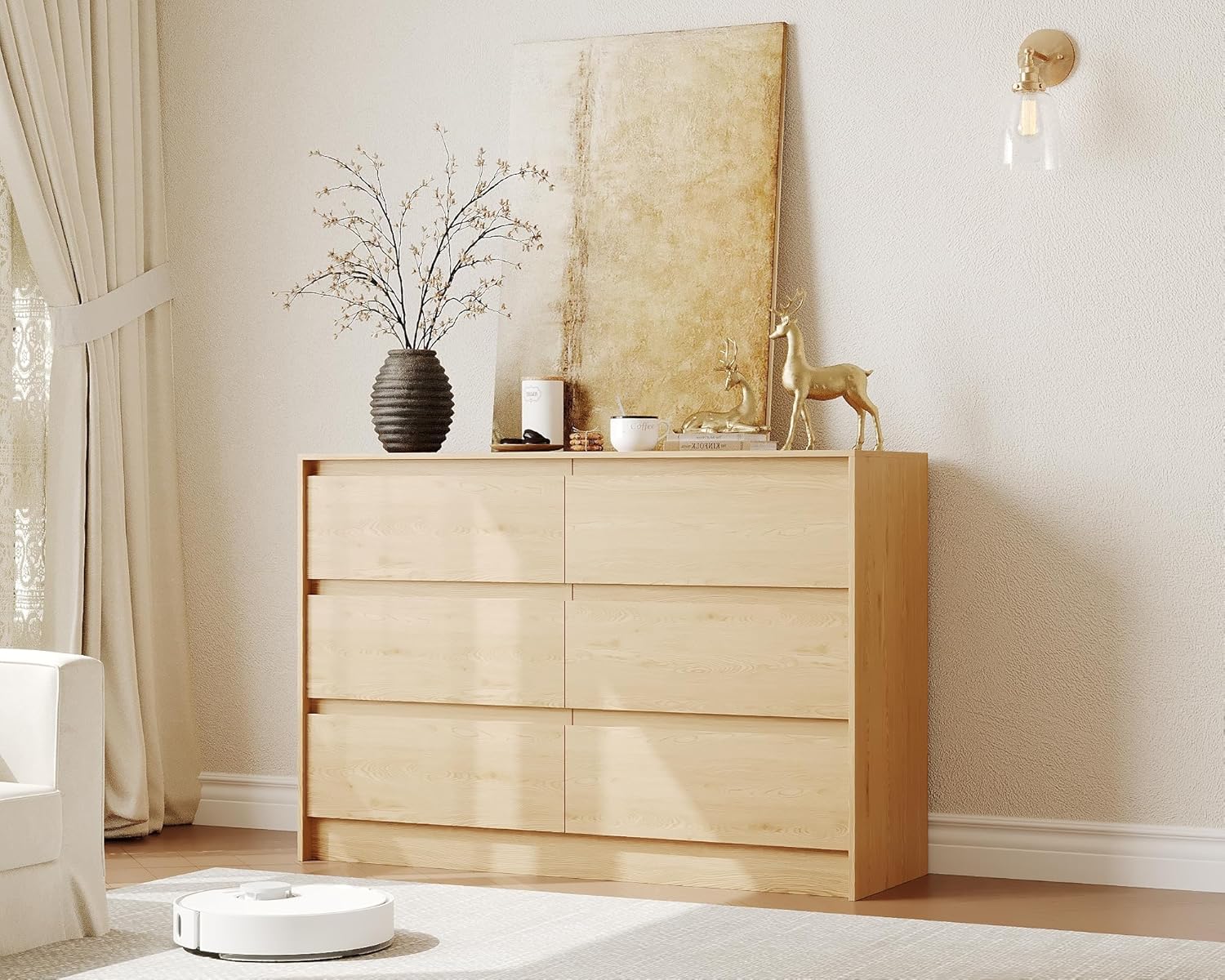 Garvee 6 Drawers Dresser for Bedroom, 47" Wide Wood Dressers & Chests of Drawers with Handle-less Design Design, Wooden Storage Organizer Cabinet for Living Room/ Home/Farmhouse(Natural Oak)
