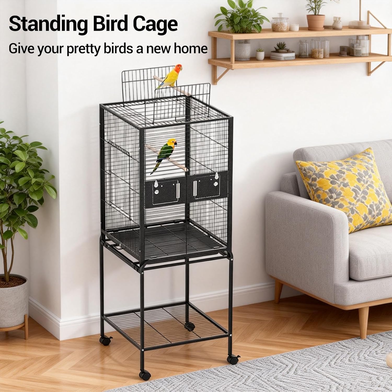 Garvee Bird Cage with Wheels, Durable Wrought Iron Parakeet Cage with Slide Out Tray, 63 Inch Black Bird Cages for Parakeets Lovebird Cockatiels Budgies and Other Small Medium Birds, Black