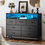 Garvee Modern Black 7-Drawer Dresser with Charging Station and LED Lights, Wooden Large Capacity Storage, Ideal for Bedroom, Living Room, Hallway - Black
