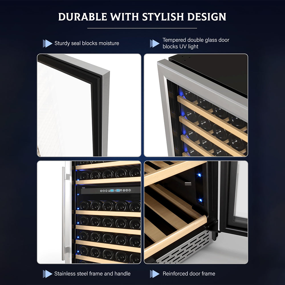 Garvee Dual Zone Freestanding Wine Fridge 24" - 154 Bottle Capacity, Built-In Wine Cooler Refrigerator With Safety Child Lock for Red, White, Champagne, or Sparkling Wine - Stainless Steel