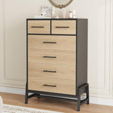 Garvee Modern Tall Dresser Chest of Drawers, 46.6" 6-Drawer Narrow Vertical Storage Cabinet with Deep Drawers, Metal Legs, Anti-Tip Kit for Bedroom/Entryway, Linen Black Frame + Natural Wood Drawer Fronts - Natural Oak + Black