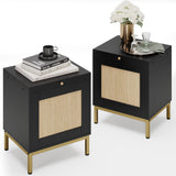 Garvee Rattan Night Stand of 2, End Table with Storage Cabinets and Tray, Side Table with Sturdy Metal Legs for Bedroom, Living Room, Office, Black - Black