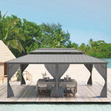 Garvee 12'x20' All-Weather Hardtop Gazebo - Double Metal Roof & Aluminum Frame w/ Net & Curtain for Patio, Deck & Backyard (Grey) - Grey