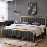 Garvee Full Size Modern Velvet Tufted Platform Bed Frame + Heavy Duty Mattress Foundation + Wood Slats + Gold Metal Frame + Noise Free Design + No Box Spring Needed + Bedroom in Grey - Gold + grey cloth