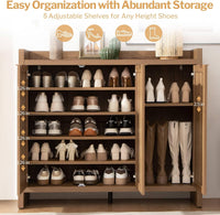 Garvee Boho 47" Rattan Shoe Storage Cabinet with 3 Doors and Adjustable Shelves for Hallway Living Room, Dark Oak