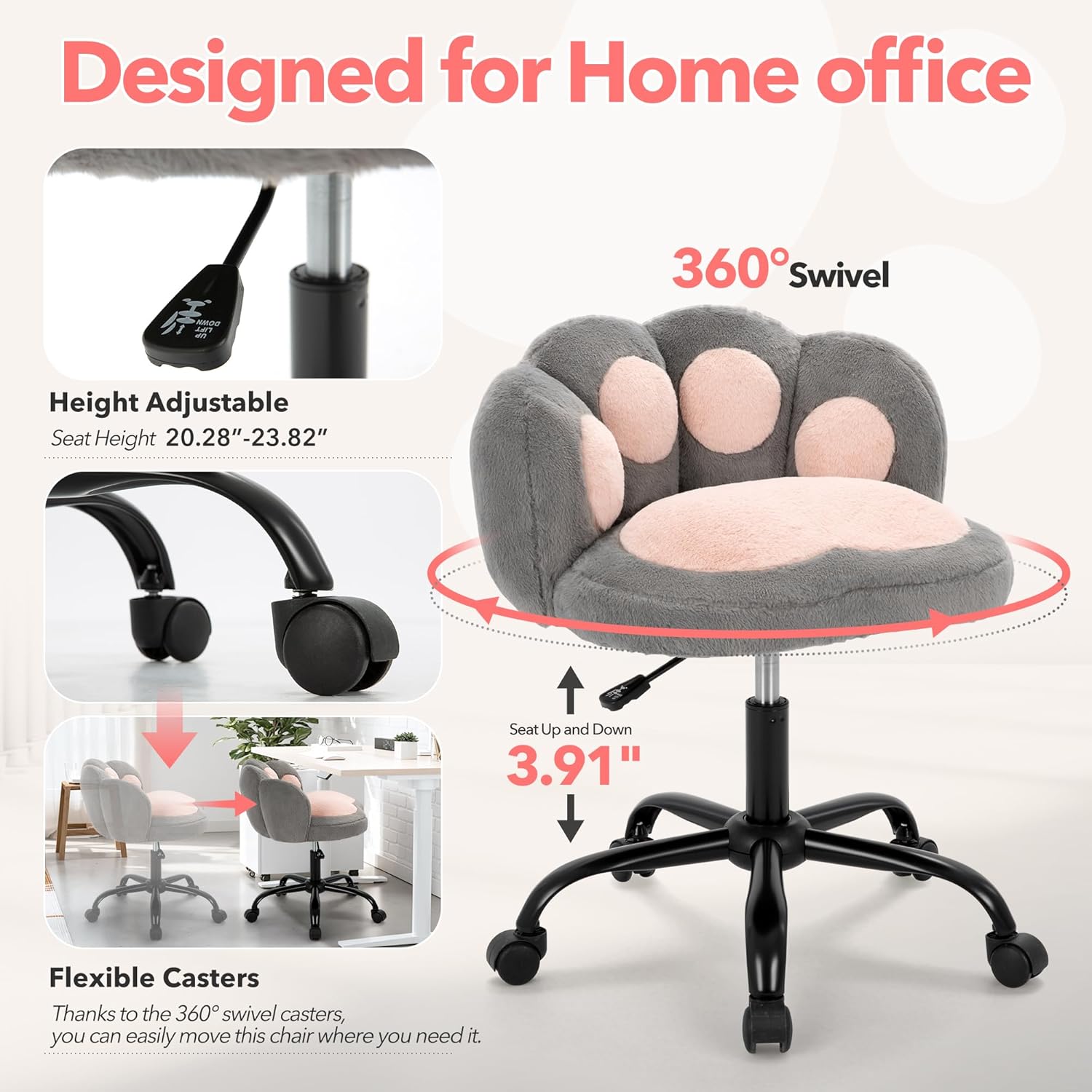 Garvee Cute Cat Paw Vanity Chair – Armless Rolling Desk Chair, Adjustable Height, Swivel Stuffed Fabric Seat, Comfortable Lumbar Support, Kids Room or Bedroom, Color: Gray + Pink