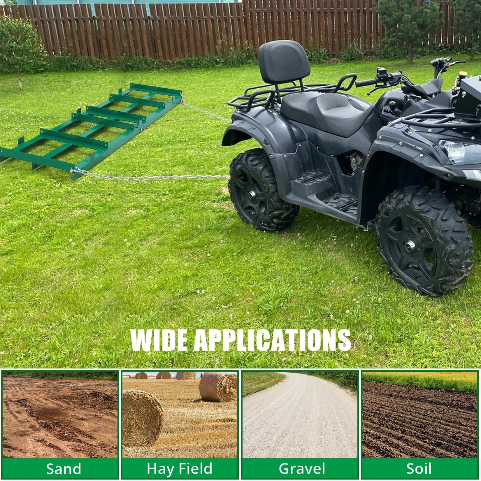 Garvee Driveway Drag 4 Ft Width, Drag Harrow Driveway,Grader Landscape Power Rake for ATV, UTV, Tractor, Mower, Tow Behind Yard Lawn Leveling Tool with 6 Ft Heavy Duty Chain