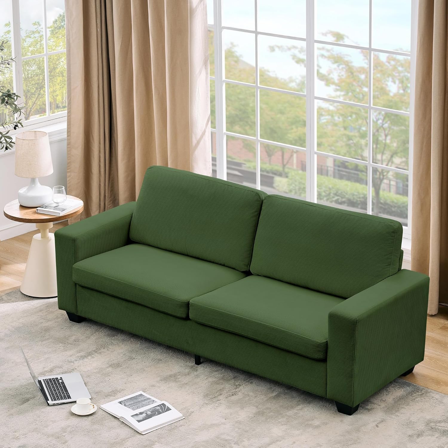 Garvee 84" Modern Loveseat Sofa Bed with Removable Washable Cover, 2-Seater Corduroy Couch for Small Spaces, Deep Seat & Wide Armrest, Sleeper Sofa for Living Room, Apartment, Green