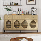 Garvee 62" Large Sideboard Buffet Cabinet with Storage and 3 Drawers, Buffet Table Coffee Bar Storage Cabinet with 4 Glass Doors for Dining Room, Living Room, Kitchen - Oak
