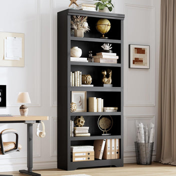 Garvee 6 Tier Bookshelf, 75" Tall Farmhouse Bookcase with Adjustable Shelves, 31.5" W Floor Standing Open Display Storage Rack with Anti-Slip Design for Home Office, Balcony, Library, Study / Living Room, Black