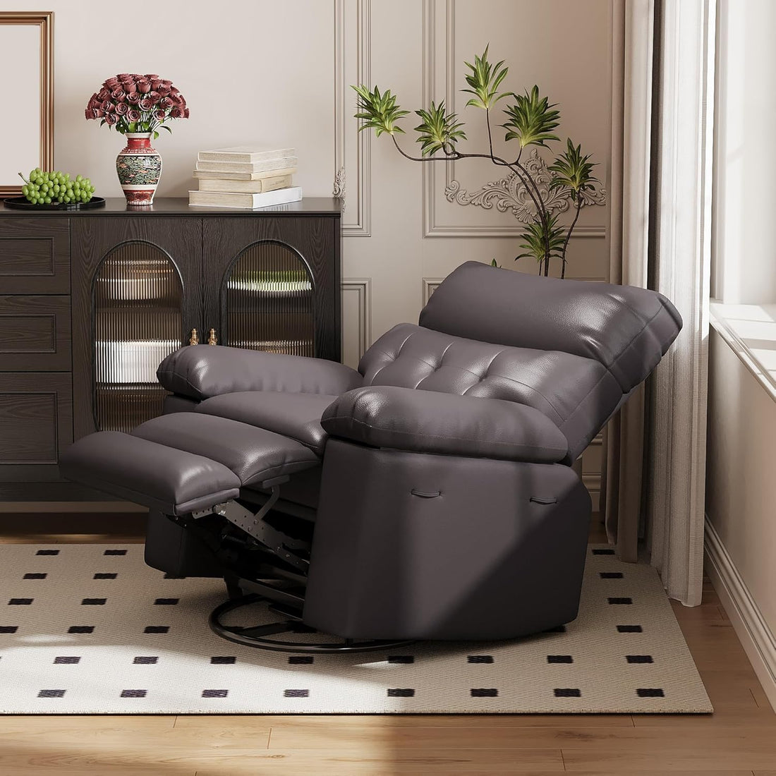 Garvee Extra Wide Comfort Recliner Chair for Adults - Oversized Manual PU Faux Leather Sofa - Overstuffed Arms & Back, Side Pocket, Comfortable Reclining - Living Room, Bedroom - Coffee