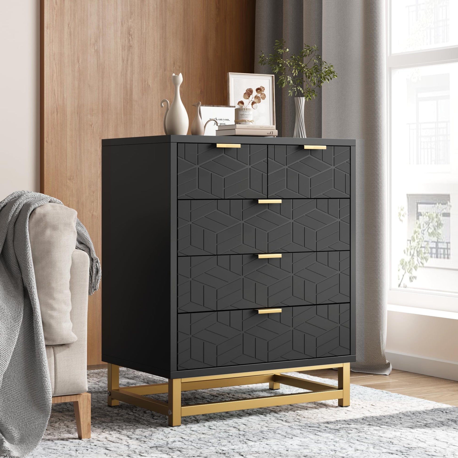 Garvee Black 5 Drawer Dresser for Bedroom, Chest of Drawers with Metal Base, Modern Dresser Chest Cabinet Organizer, Large Dresser for Living Room, ... Garvee Black 5 Drawer Dresser for Bedroom, Chest of Drawers with Metal Base, Modern Dresser Chest Cabinet Organizer, Large Dresser for Living Room, ...