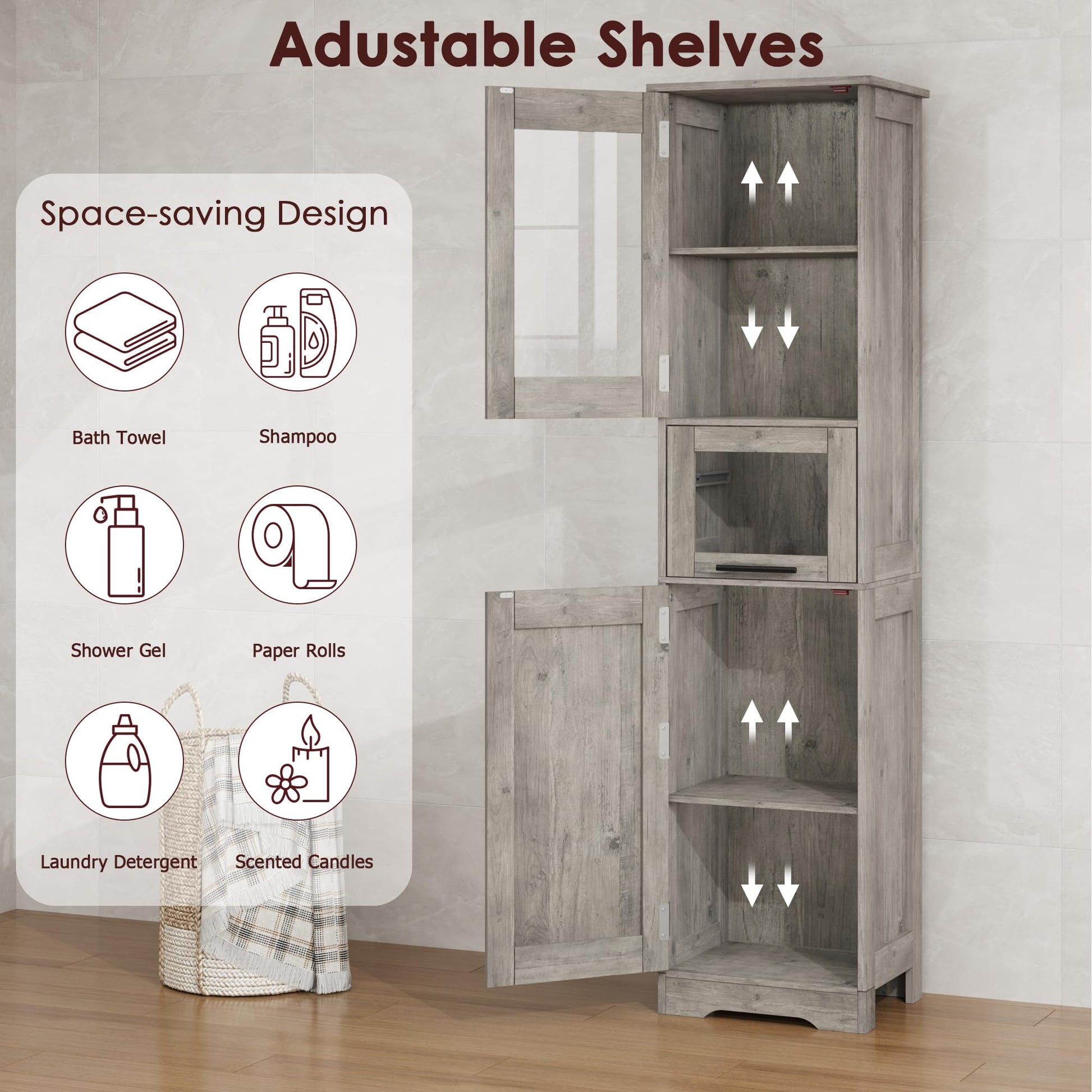 Tall wooden bathroom cabinet with glass doors and storage compartments, placed in a bathroom with a bathtub and washing machine.