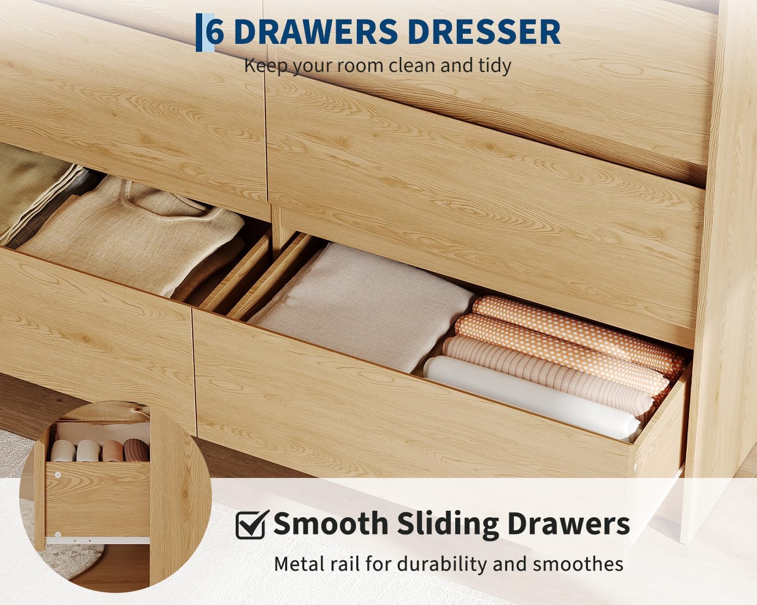 Garvee 6 Drawers Dresser for Bedroom, 47" Wide Wood Dressers & Chests of Drawers with Handle-less Design Design, Wooden Storage Organizer Cabinet for Living Room/ Home/Farmhouse(Natural Oak)