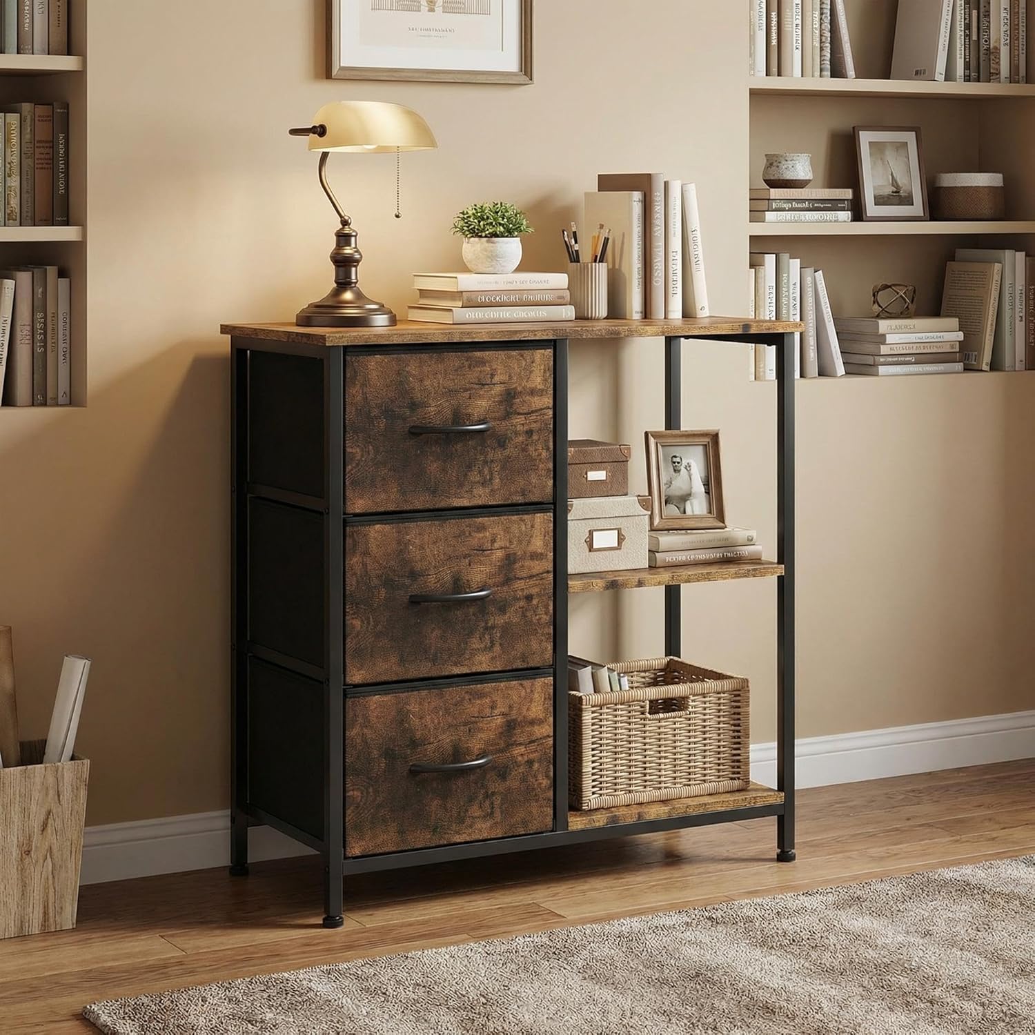 Garvee 3 Drawer Mobile File Cabinet with Open Storage Shelf, Rolling Printer Stand and Fabric Lateral Filing Cabinet for Home Office, Fits A4 or Letter Size Files, Brown