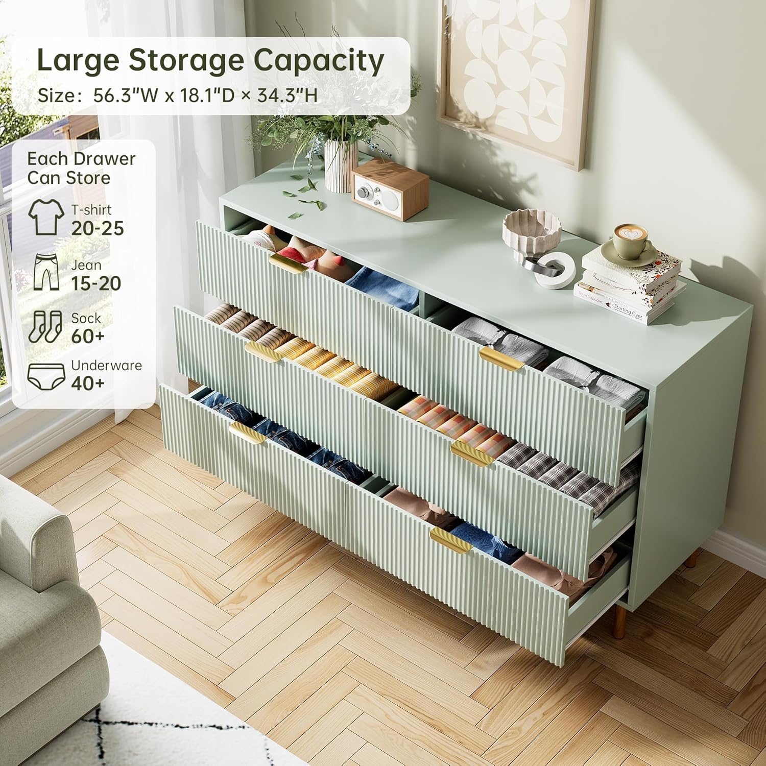 Garvee Fluted Dresser with 6 Drawers, 56" Wide Modern Chest of Drawers with Curved Profile Design, Wooden Dresser TV Stand, Wood Drawer Organizer for Bedroom, Living Room, Hallway, Green