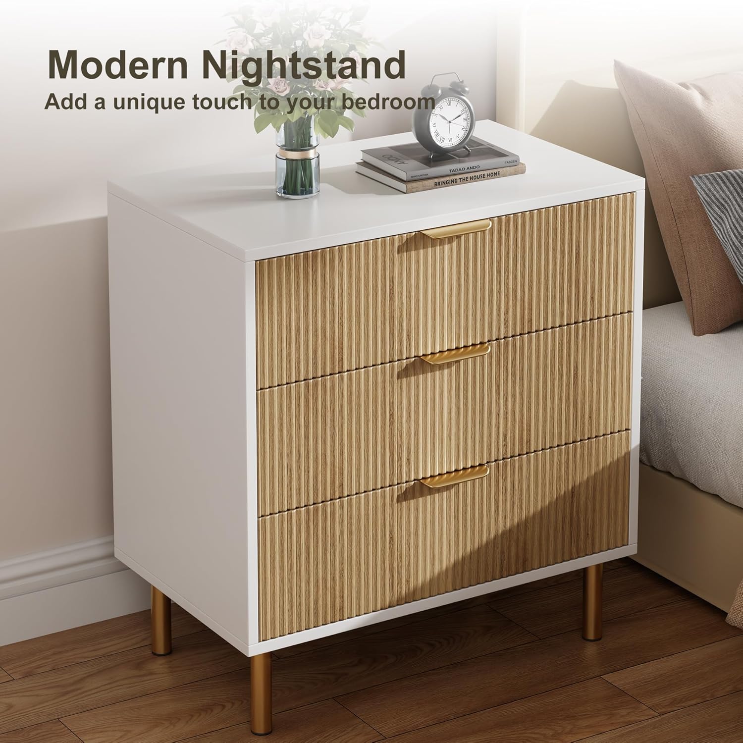 Garvee Modern 3 Drawer Dresser for Bedroom with Gold Handle and Large Drawer, Wood Double Chest of Drawers and Storage Organizer for Living Room, Hallway, Entryway, Natural Oak&White