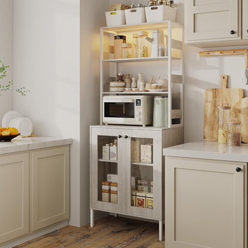 Garvee 67" Tall Kitchen Pantry Bar Cabinet with Tempered Glass Doors, LED Lights and Power Outlets, Grey