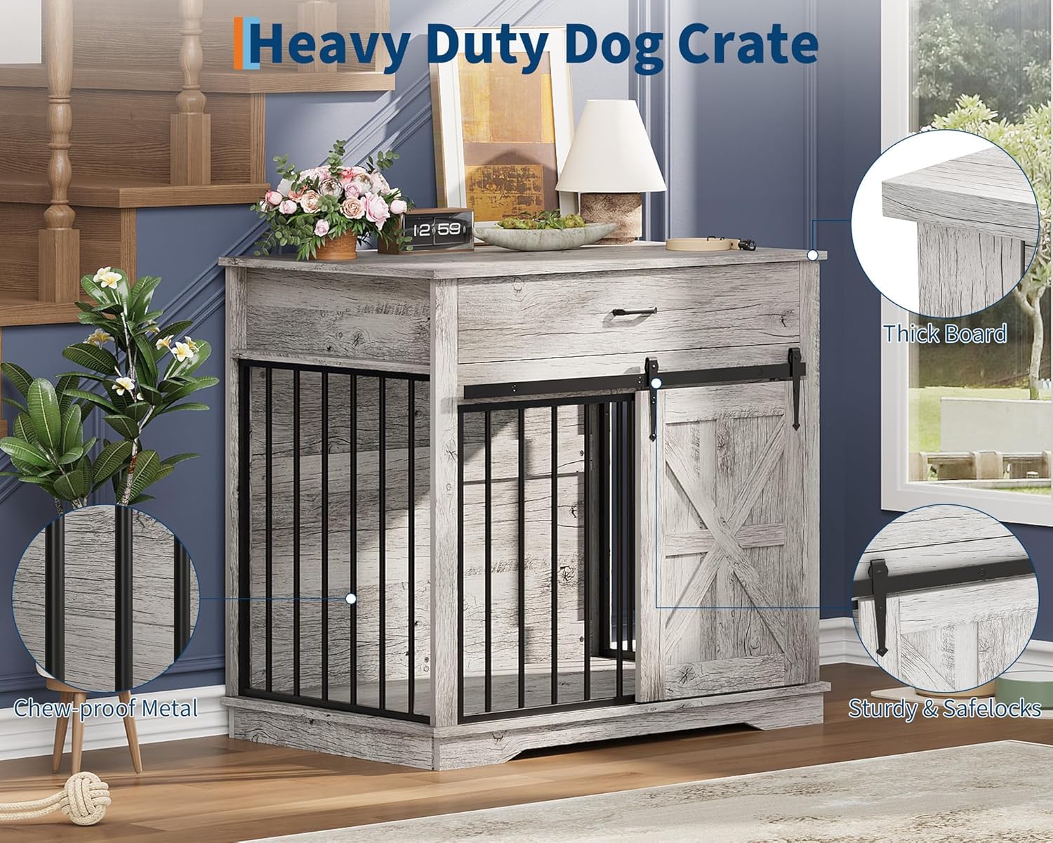 Garvee 37.8"W Dog Crate Furniture for Small/Medium Dogs, 2-in-1 Iron-Wood Fusion Dog Cage Indoor As Side End Table, Farmhouse Dogs Kennel with Sliding Barn Doors & Storage Drawer, Gray