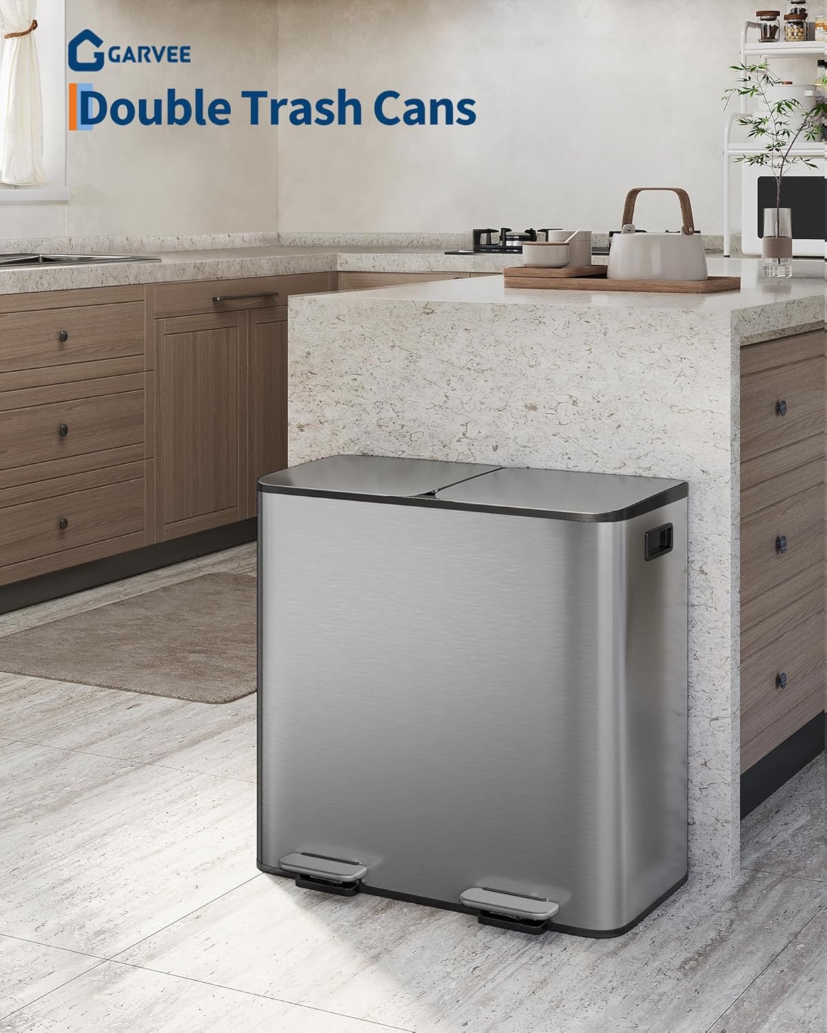 Garvee 2 x 10.6 Gallon Stainless Steel Double Trash Can Step-on Metal Garbage Cans with Lid for Kitchen, Grey