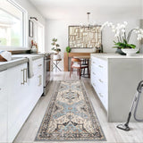 Garvee Vintage Floral Washable Area Rug 2x6 - Soft Non-Slip Backing, Low Pile, High Density Polyester, Ideal for High Traffic Areas, Dark Blue - Beige Blue