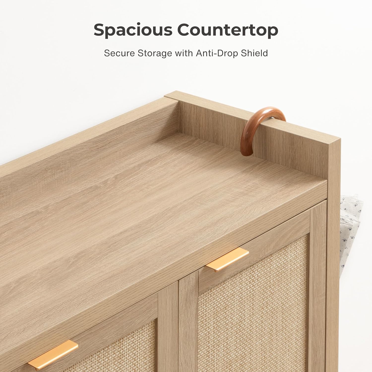 Garvee Boho 47" Rattan Shoe Storage Cabinet with 3 Doors and Adjustable Shelves for Hallway Living Room, Light Oak