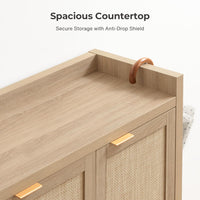 Garvee Boho 47" Rattan Shoe Storage Cabinet with 3 Doors and Adjustable Shelves for Hallway Living Room, Light Oak