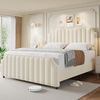 Garvee King Size Platform Bed Frame with 50.2" Headboard, Velvet Upholstered Bed Frame King with Vertical Channel Tufted Headboard & Footboard, Nailhead Trim, No Box Spring Needed, Cream